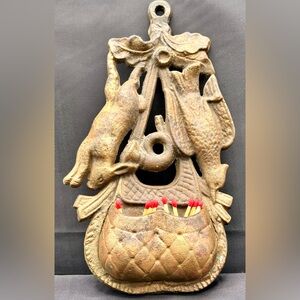 Vintage Bronze Hare & Pheasant Hunting Theme Match Holder Wall Pocket